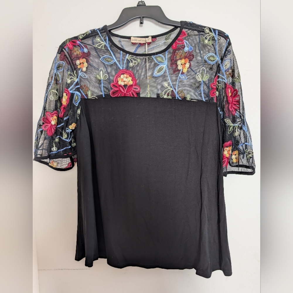 NWT Anthropologie brand Black Top with Embroidery.